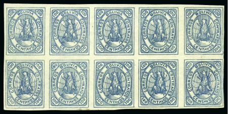 Stamp of Bolivia 1867-68 Condor 100c blue, range incl. mint blocks 