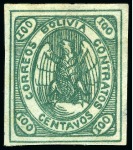 Stamp of Bolivia 1867-68 Condor 100c green, small range with plated