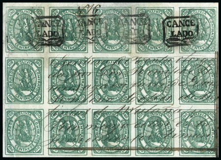 Stamp of Bolivia 1867-68 Condor 100c green block of 15 on fiscal do