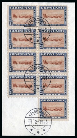 Stamp of Greenland 1945 ABNC Issue, 30ö Brown-red/blue in BLOCK OF NI