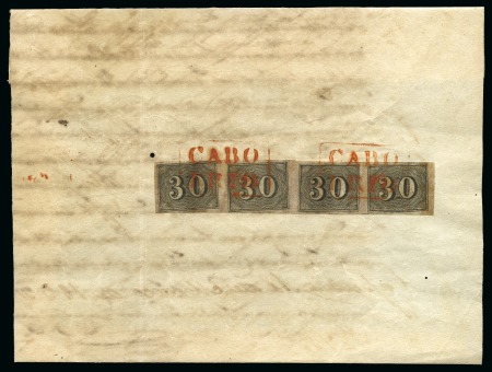Stamp of Brazil 1850 Verticais 30r black horiz. strip of 4 on larg
