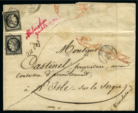 Stamp of France 1849 20c noir x2 (dont un au dos) obl. grille sur 