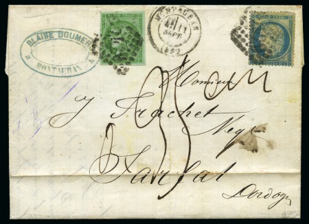 Stamp of France 20c Siège sur papier jaunâtre +5c Bordeaux obl. GC