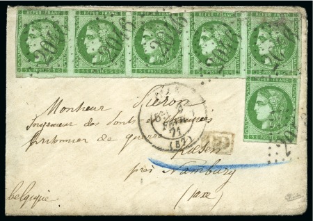 Stamp of France 5c Bordeaux en bande de cinq + isolé (déf.) obl. G