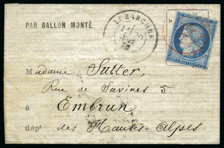 Stamp of France » Guerre de 1870-1871 LE GENERAL UHRICH Formule par Ballon monté écrite 