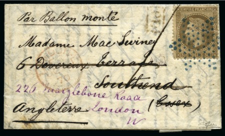 Stamp of France » Guerre de 1870-1871 Rare étoile bleue sur 30c Lauré sur Ballon monté d