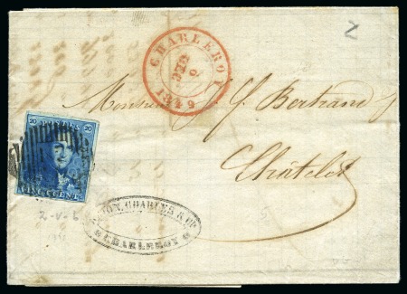 Stamp of Belgium 1849 20C Blue with "extended top left frameline" v