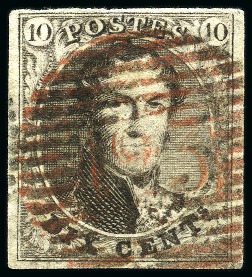 Stamp of Belgium 1851 10C Brown, cancelled by P25 numeral cancel in