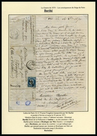 Stamp of France » Guerre de 1870-1871 LETTRE SORTIE DE PARIS PAR PASSEUR BARTHE
Lettre 