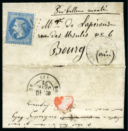 Stamp of France » Guerre de 1870-1871 Rare losange AFJ sur 20c Lauré sur Ballon monté av