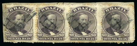 Stamp of Brazil 1866 Dom Pedro 80r violet, used strip of four, sca