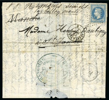 Stamp of France » Guerre de 1870-1871 Rare cachet bleu des AERONAUTES au dos d'un pli co