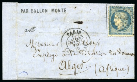 Stamp of France » Guerre de 1870-1871 Ballon monté pour Alger en ALGERIE avec 20c Siège 