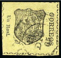 Stamp of Dominican Republic 1865 Un Real black on straw, on laid paper, used s
