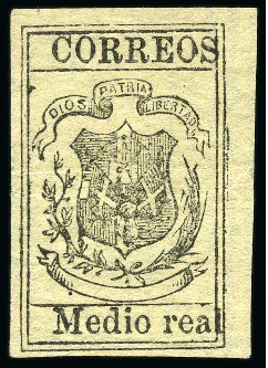 Stamp of Dominican Republic 1866 Medio Real black on straw, laid paper, unused