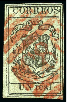 Stamp of Dominican Republic 1866 UN Real black on green, laid paper, used with