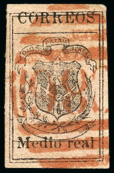 Stamp of Dominican Republic 1866-67 Medio Real black on rose, wove paper, used