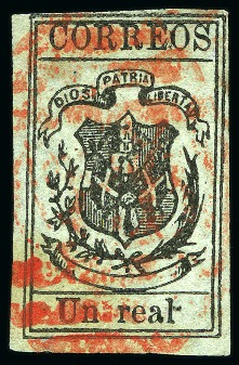Stamp of Dominican Republic 1866-67 Un Real black on green, wove paper, used w