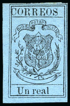 Stamp of Dominican Republic 1866-67 Un Real black on blue, wove paper, unused,