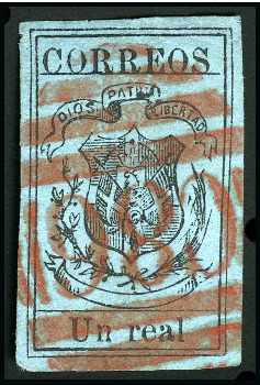 Stamp of Dominican Republic 1866-67 Un Real black on blue, wove paper, used wi
