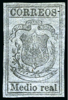 Stamp of Dominican Republic 1867-71 Medio Real black on lavender, pelure paper