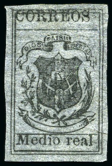 Stamp of Dominican Republic 1867-71 Medio Real black on greenish grey, pelure 