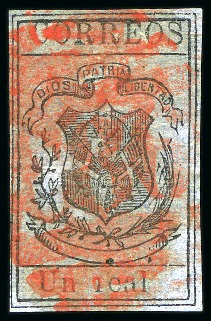 Stamp of Dominican Republic 1867-71 Un Real black on lavender, pelure paper, u