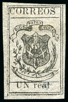 Stamp of Dominican Republic 1867-71 UN Real black on salmon, pelure paper, unu