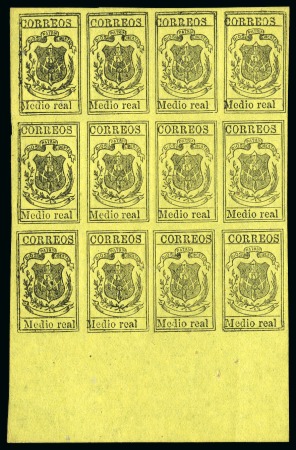 Stamp of Dominican Republic 1870-73 Medio Real black on yellow, ordinary paper