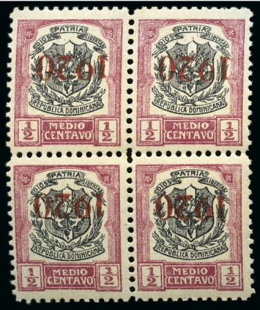 Stamp of Dominican Republic 1920 1/2c Lilac rose & black, three mint blocks of
