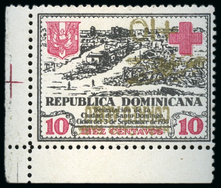 Stamp of Dominican Republic 1930 10c + 10c Black & rose, bottom left corner ma