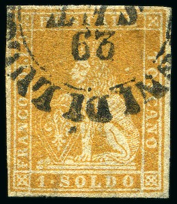 Stamp of Italian States » Tuscany 1851-52 1s Ocher on grey, good clear margins all a