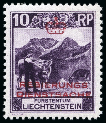 Stamp of Liechtenstein 1932 Official 10Rp dark violet, mint nh, showing r