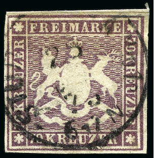 Stamp of German States » Wurttemberg 1873 70kr. brown purple, used with clear four marg