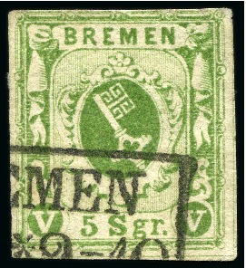 Stamp of German States » Bremen 1859 5 Sgr moss green, used with close to good mar