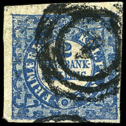 Stamp of Denmark 1851 Thiele 2RBS blue, close to large margins, use