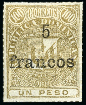 Stamp of Dominican Republic 1883 5fr on 1p gold, unused, fine & scarce, cert. 