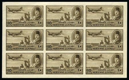Stamp of Egypt » Airmails 1947 Airmails 10m colour trial in brown in imperforate sheetlet of NINE printed for the Palace collection,