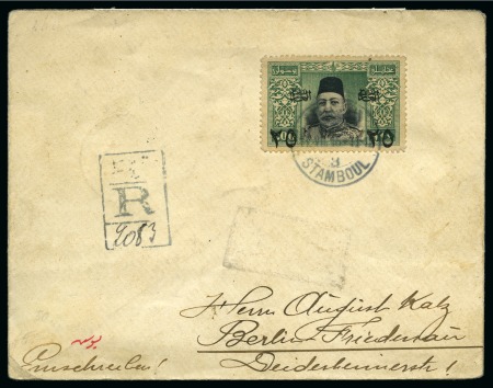 Stamp of Turkey 1915 25Pi on 200Pi green/black tied to registered 