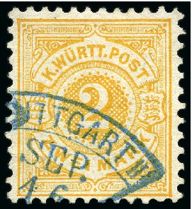 Stamp of German States » Wurttemberg 1875 2M Yellow-orange finely used by blue Stuttgar
