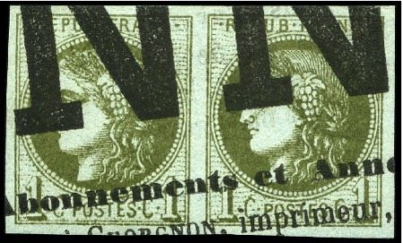Stamp of France 1870 1c Bordeaux en paire obl. typographique des j