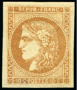Stamp of France 1870 10c Bordeaux avec belle nuance bistre orangé,