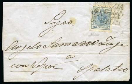 Stamp of Austria » Lombardy Venetia 1850 45c Light blue tied by VENEZIA 6 GIU (1850) on folded cover to SPALATO