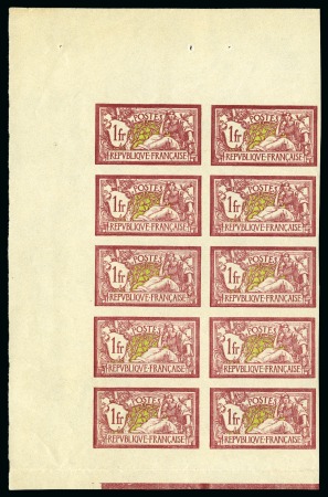 Stamp of France 1900 Merson 1F lie-de-vin et olive, bloc de 10 non