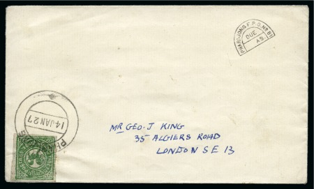 Stamp of Tibet » 1912 Issue - Covers 1/6 tr. Bottle Green, shiny printing, tied by PHAR