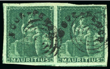 Stamp of Mauritius » 1858-62 Britannia Issues (SG 26-35) 1856 Surcharged 4d green, pair with massive margin