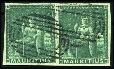 Stamp of Mauritius » 1858-62 Britannia Issues (SG 26-35) 1858-62 4d green, brilliantly fresh used pair, nea