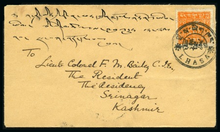Stamp of Tibet » 1933 Issue - Covers 1/2 tr. Orange, perforated, tied by LHASA (Hel. T4