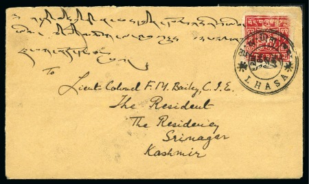 Stamp of Tibet » 1933 Issue - Covers 1 tr. Rose-Lake, perforated, tied by LHASA (Hel. T