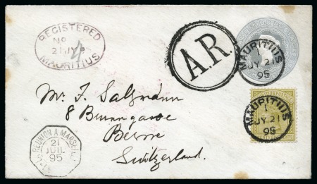 Stamp of Mauritius » Later Issues 1883-94 25c olive-yellow, used on 8c grey p.s. env